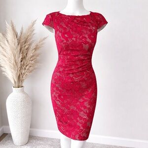 Kay Unger Red Lace Sheath Above Knee Dress Size 8 Cocktail Evening